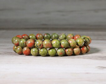 Unakite Bracelet - Natural Unakite Red & Green Gemstone Stretch Bracelet - Spiritual Healing Bracelets Gift for her, gift for him