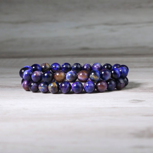 Blue Sugilite Bracelet -  Galaxy Tiger Eye Gemstone Stretch Bracelet - Spiritual Healing Stone Bracelet Gift for her, gift for him