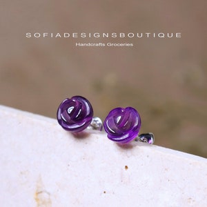 Amethyst Flower Stud Earrings - Natural Amethyst Stone Purple Crystal Earrings - Birthstone Post Earrings - Rose Flower Earrings Hand Carved