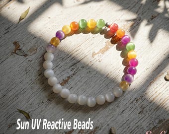Rainbow Beaded Bracelet - Sun UV Reactive Bracelet 8mm Resin Beads - Color Changing Bracelets - Boho Style Dopamine Summer Jewelry