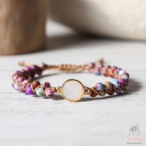 Natural Sea Sediment Jasper Bracelet - Purple Jasper Stone Braided Bracelet - Opalite Gemstone Healing Bracelet - Gift to her, gift to him