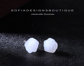 White Jade Stone Flower Stud Earrings - Natural White Crystal Earrings - Birthstone Post Earrings - Rose Flower Earrings Hand Carved