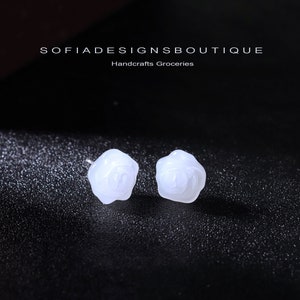 White Jade Stone Flower Stud Earrings - Natural White Crystal Earrings - Birthstone Post Earrings - Rose Flower Earrings Hand Carved