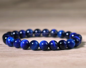 Bracelet bleu oeil de tigre - Bracelet pierres précieuses bleues 4/8 mm - Bracelet paix intérieure, bracelet de guérison Cadeau pour elle, cadeau pour lui