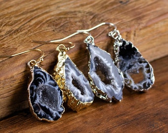 Druzy Agate Geode Earrings Slice Gemstone Dangle Earrings Natural Agate Stone Drop Earrings Healing Protection Valentine's Day Gift