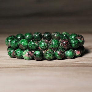 Natural Ruby Zoisite Stone Bracelet - 10mm Green & Red Gemstone Stretch Bracelet Spiritual Healing Bracelet Gift for her, gift for him