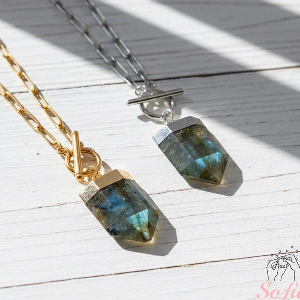 Enchanted Labradorite Necklace - Shield Shaped Labradorite Pendant - February Birthstone Crystal Necklaces with Toggle Clasp - Boho Style