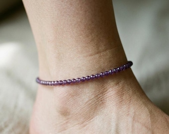 Amethyst Beaded Anklet - 2mm Purple Faceted Crystal Dainty Anklet - Amethyst Anklet Beach Jewelry Waterproof Anklet Gift for her