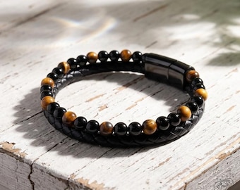 Herren Armband - Obsidian Tigerauge Stein Armband - Leder Geflochtener Armreif Magnetverschluss Wasserdicht