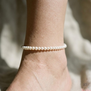 Tornozeleira de Pérolas - Tornozeleira com Contas de Pérolas Brancas - Tornozeleira Delicada de Pérolas, Joia de Praia, Tornozeleira de Cura à Prova D'água, Presente para ela, Presente de Dia das Mães