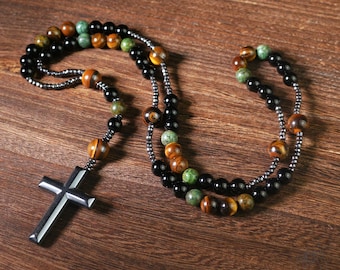 Natürliche Türkis Tigerauge Rosenkranz Halskette - Hämatit Obsidian Stein Kreuz Anhänger Halskette Schutz Amulett Geschenk für sie, Geschenk für ihn