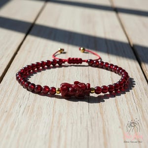 Natural Garnet Bracelet - Burgundy Garnet Stone Pixiu Charm Dainty Bracelet - Red Garnet Gemstone Pi Yao Minimalist Bracelet Gift for her