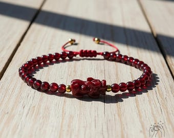 Natural Garnet Bracelet - Burgundy Garnet Stone Pixiu Charm Dainty Bracelet - Red Garnet Gemstone Pi Yao Minimalist Bracelet Gift for her