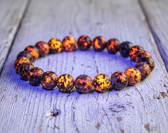 Pulsera de Yooperlita – Pulsera luminosa reactiva a los rayos UV – Joyería con cuentas de piedra de llama – Estilo bohemio, apilable y elástica
