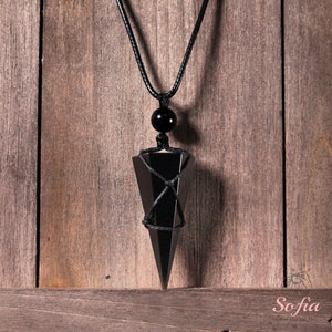 Natural Obsidian Stone Pendant Necklace - Black Obsidian Cone Crystal Pendant Obsidian Gemstone Charm Necklace Gift for him, gift for her