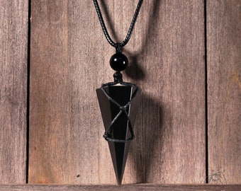 Natural Obsidian Stone Pendant Necklace - Black Obsidian Cone Crystal Pendant Obsidian Gemstone Charm Necklace Gift for him, gift for her