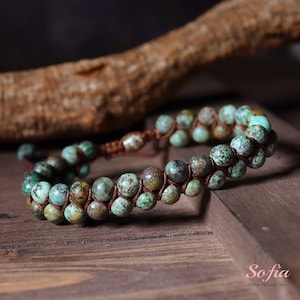Natural African Turquoise Bracelet - Green Turquoise Stone Braided Bracelet - Green Gemstone Healing Bracelet Gift to him, gift to her