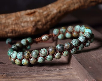 Natural African Turquoise Bracelet - Green Turquoise Stone Braided Bracelet - Green Gemstone Healing Bracelet Gift to him, gift to her