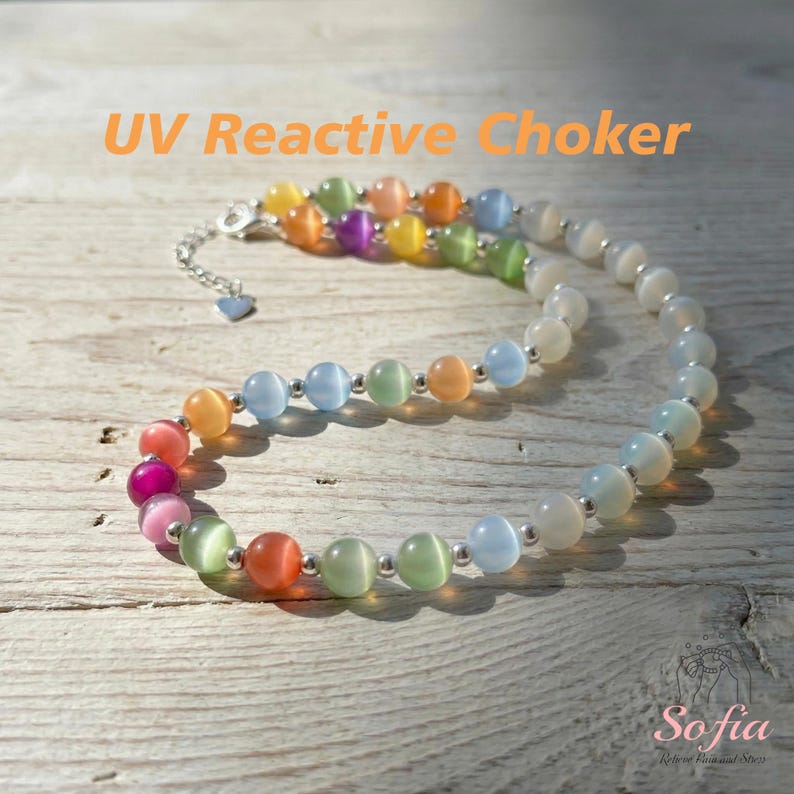 Dopamine Necklace - Rainbow Beaded Choker - UV Reactive Necklace Waterproof - Summer Jewelry Stainless Steel, Stackable image 5