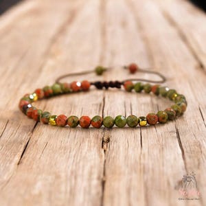 Natural Unakite Bracelet - Green Red Faceted Stone Dainty Bracelet - Unakite Gemstone Bracelet Minimalist Gift for him, gift for her
