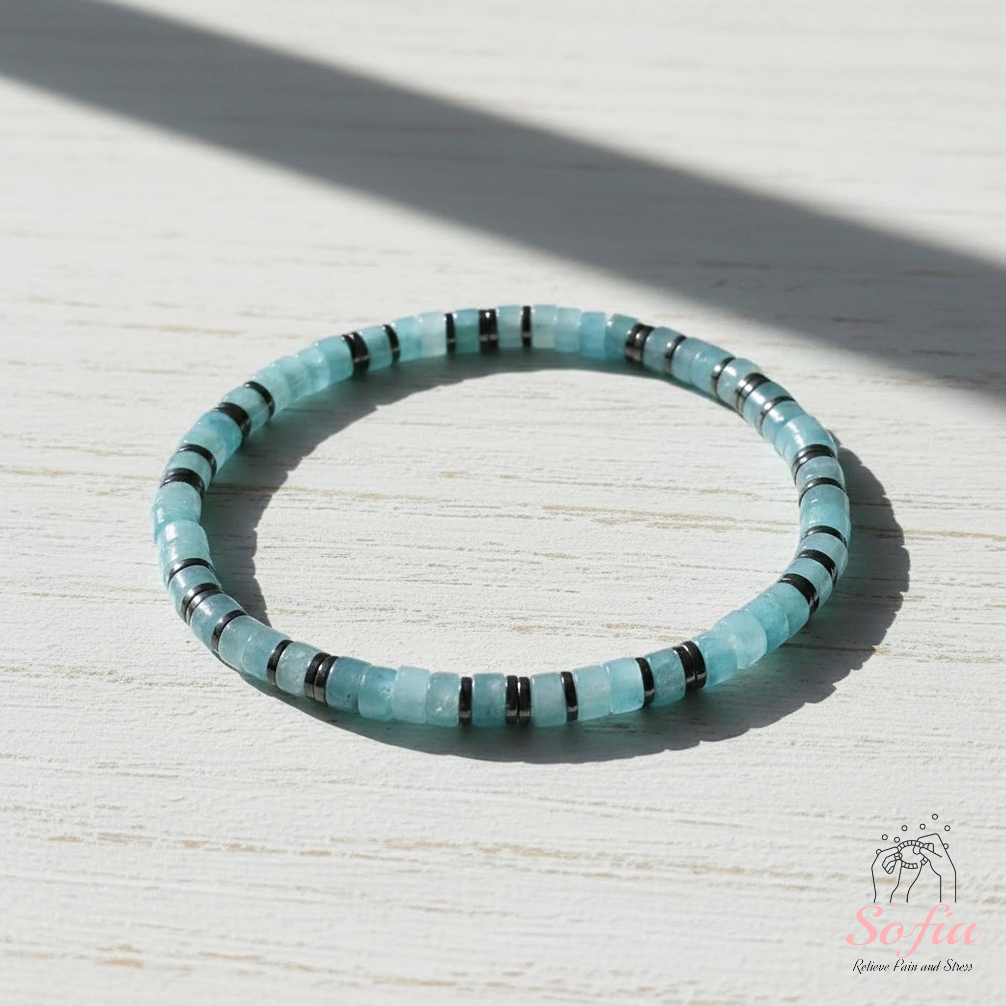 Natural Blue Aquamarine Round Gemstone Bracelet – 6/8/10mm Beads – Braided Adjustable 7.5"