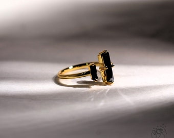 Minimalist Natural Black Obsidian Ring - Black Obsidian Bar Ring in Sterling Silver - Vintage Ring Handcrafted Ring - Open Ring Adjustable