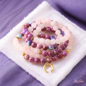 Natural Sea Sediment Jasper Stone Bracelet - 108 Mala Beads 8mm Rose Quartz Horn Pendant Necklace Mala Prayer Necklace Gift for her
