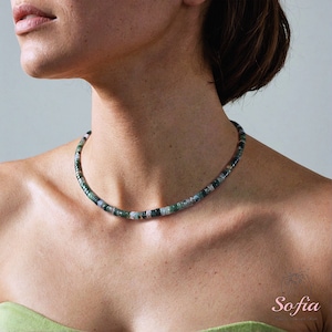 Moss Agate Choker, Barrel Stone Beaded Necklace Green Crystal Choker, Moss Agate Necklace, Birthstone Necklace Handmade Gift for her