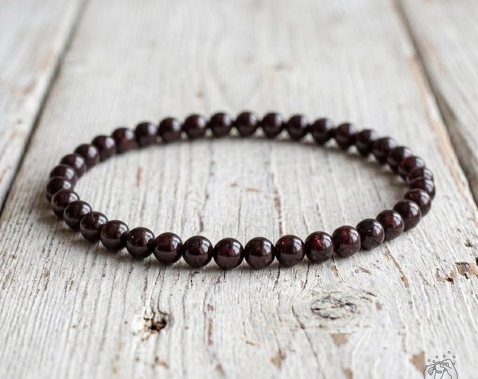 Natural Garnet Bracelet – 5mm Burgundy Gemstone Jewelry – Dainty Minimalist Boho Stackable Bracelet