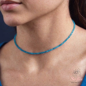 Apatite Choker, Blue Stone Beaded Necklace Blue Crystal Choker, Apatite Chain, Apatite Healing Necklace Dainty Jewelry Mother's Day Gift