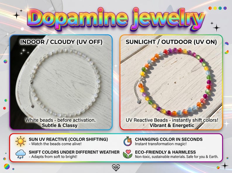 May include: A beaded necklace featuring UV-reactive beads that change from white to a vibrant multi-colored palette when exposed to sunlight. The text reads Dopamine jewelry, Indoor / Cloudy (UV off), Sunlight / Outdoor (UV on), and Sun UV reactive.