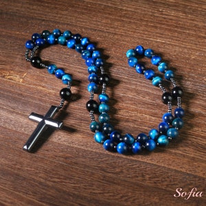 Blue Tiger’s Eye Obsidian Beaded Rosary Necklace – Hematite Cross Pendant Gemstone Jewelry 36 Inch