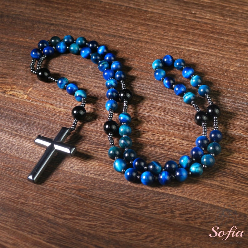 Natural Obsidian Blue Tiger's Eye Necklace - Hematite Stone Cross Pendant Necklace Anxiety Stress Relief Protection Confidence