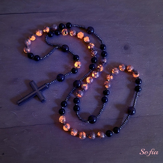 Natural Obsidian Yooperlite Rosary Necklace UV Reactive Protection Necklace Hematite Stone Cross Pendant Necklace Gift for her, gift for him