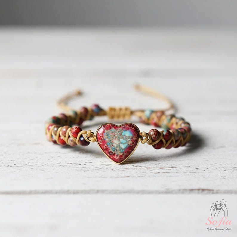 Red Jasper Stone Bracelet - Natural Boho Gemstone Bracelet - Heart Jasper Crystal Charm Healing Bracelet - Gift for her, gift for him image 2