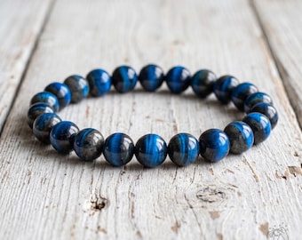 Pulsera de ojo de tigre azul - Pulseras de cuentas de piedras preciosas de 8 mm - Joyería protectora de estilo bohemio, apilable y elástica