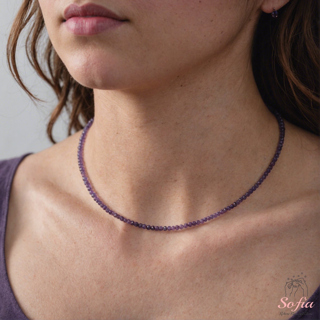 Amethyst Choker, Stone Beaded Necklace Purple Crystal Choker, Amethyst Choker, Amethyst Necklace Dainty Jewelry Birthstone Necklace Gift
