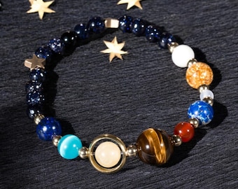 Galaxy Space Planets Beaded Bracelet Natural Goldstone Gemstone Bracelet Universe Solar System Bracelets