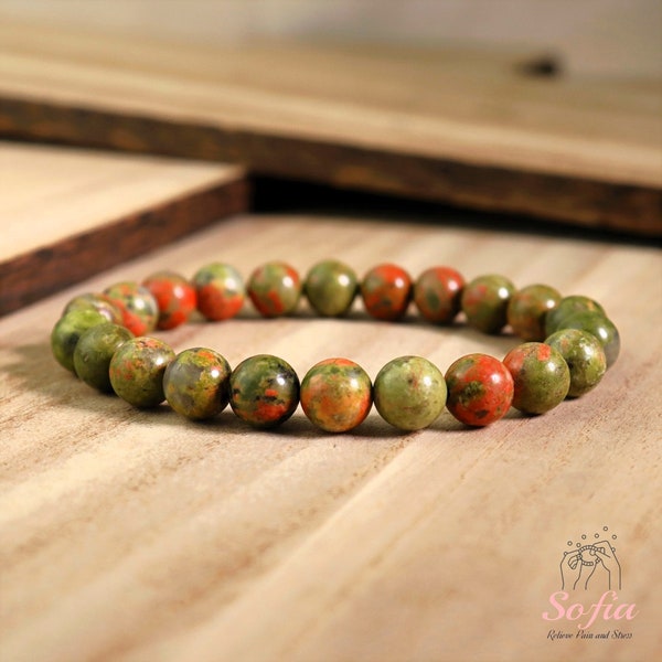 Unakite Bracelet - Natural Unakite Red & Green Gemstone Stretch Bracelet - Spiritual Healing Bracelets Gift for her, gift for him