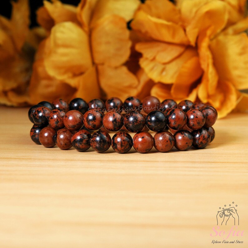 Mahogany Obsidian Bracelet - Natural 8mm Mahogany Obsidian Stone Stretch Bracelet Spiritual Healing Strength Bracelet Anxiety Stress Relief