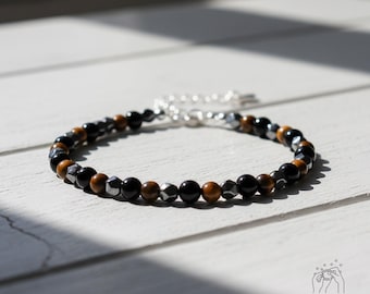 Triple Protection Dainty Bracelet - Natural Hematite Obsidian Tiger Eye Stone Bracelet Spiritual Healing Bracelet Gift for her, gift for him
