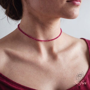 Ruby Choker, Stone Beaded Necklace, Pink Red Crystal Choker, Ruby Choker, Birthstone Necklace Dainty Jewelry Gift for her
