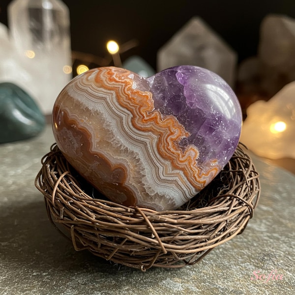 Amethyst Lace Agate Heart - Amethyst Crystal Heart - Healing Stone Lace Agate Tumble Home Decoration Mineral Specimen, Worry Stone