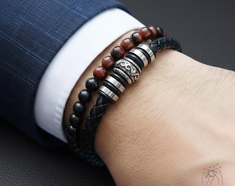 Bracelet pour homme - Bracelet en cuir pour homme - Bracelet oeil de tigre rouge - Bracelet en obsidienne - Bracelets de protection avec fermoir magnétique