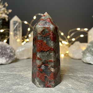 African Bloodstone Tower - Natural Gemstone Single Point Crystal Tower Wand - Healing Crystal Obelisk Home Decoration Mineral Specimen