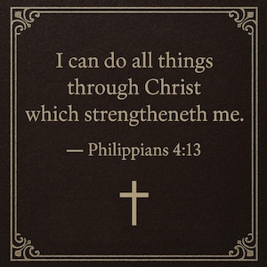 Puede incluir: Imagen cuadrada, marr&oacute;n oscuro, con un borde dorado decorativo. El texto dice: &laquo;Todo lo puedo en Cristo que me fortalece. - Filipenses 4:13&raquo;. Una cruz blanca en la parte inferior.