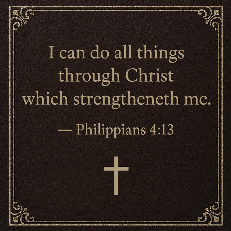 Puede incluir: Imagen cuadrada, marr&oacute;n oscuro, con un borde dorado decorativo. El texto dice: &laquo;Todo lo puedo en Cristo que me fortalece. - Filipenses 4:13&raquo;. Una cruz blanca en la parte inferior.
