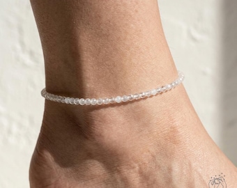 Clear Quartz Beaded Anklet - 2mm Clear Faceted Crystal Dainty Anklet - White Quartz Anklet Beach Jewelry Waterproof Anklet Gift for her