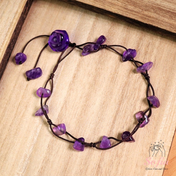 Bracelet de cheville en pierre d'améthyste - Bracelet de cheville en cristal de pierres précieuses violettes naturelles Bracelet de guérison pour la méditation Cadeau Saint-Valentin