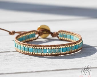 Turquoise Stone Bracelet - Natural Boho Cube Gemstone Bracelet - Turquoise Crystal Healing Bracelet - Gift for her, gift for him